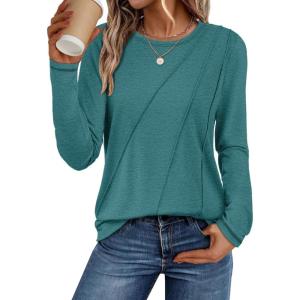 imageATHMILE Womens Long Sleeve Shirts Pleated Crew Neck Casual Fall Fashion Tops Loose Fit Lightweight Girls Outfits ClothesBlue Green