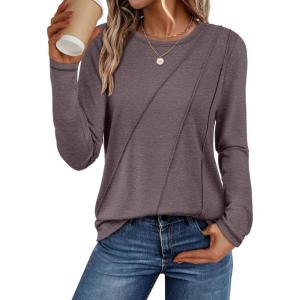 imageATHMILE Womens Long Sleeve Shirts Pleated Crew Neck Casual Fall Fashion Tops Loose Fit Lightweight Girls Outfits ClothesGray Purple