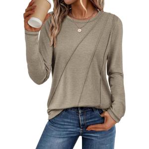 imageATHMILE Womens Long Sleeve Shirts Pleated Crew Neck Casual Fall Fashion Tops Loose Fit Lightweight Girls Outfits ClothesKhaki
