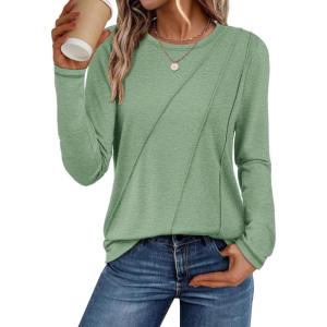 imageATHMILE Womens Long Sleeve Shirts Pleated Crew Neck Casual Fall Fashion Tops Loose Fit Lightweight Girls Outfits ClothesLight Green