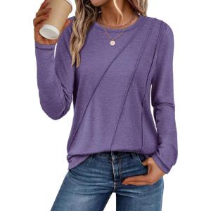 imageATHMILE Womens Long Sleeve Shirts Pleated Crew Neck Casual Fall Fashion Tops Loose Fit Lightweight Girls Outfits ClothesPurple