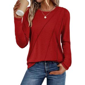 imageATHMILE Womens Long Sleeve Shirts Pleated Crew Neck Casual Fall Fashion Tops Loose Fit Lightweight Girls Outfits ClothesRed