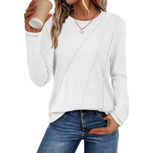 imageATHMILE Womens Long Sleeve Shirts Pleated Crew Neck Casual Fall Fashion Tops Loose Fit Lightweight Girls Outfits ClothesWhite