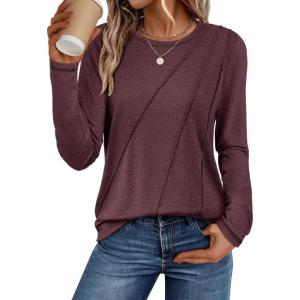 imageATHMILE Womens Long Sleeve Shirts Pleated Crew Neck Casual Fall Fashion Tops Loose Fit Lightweight Girls Outfits ClothesWine Red