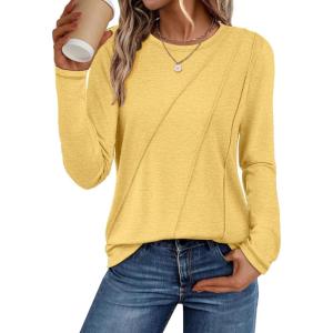 imageATHMILE Womens Long Sleeve Shirts Pleated Crew Neck Casual Fall Fashion Tops Loose Fit Lightweight Girls Outfits ClothesYellow