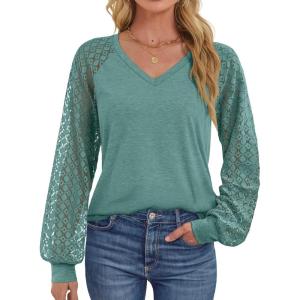 imageATHMILE Womens Long Sleeve Shirts VNeck Lace Tops Business Casual Blouses Tee 2025 Trendy Fall Fashion Outfits ClothesBluegreen