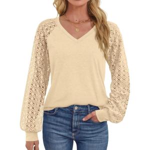 imageATHMILE Womens Long Sleeve Shirts VNeck Lace Tops Business Casual Blouses Tee 2025 Trendy Fall Fashion Outfits ClothesCream