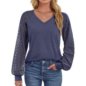 imageATHMILE Womens Long Sleeve Shirts VNeck Lace Tops Business Casual Blouses Tee 2025 Trendy Fall Fashion Outfits ClothesDarkblue