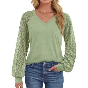 imageATHMILE Womens Long Sleeve Shirts VNeck Lace Tops Business Casual Blouses Tee 2025 Trendy Fall Fashion Outfits ClothesGreen