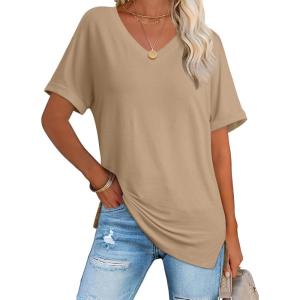 imageATHMILE Womens Summer 2025 V Neck Casual Tunic Tops Spring Fashion Basic Trendy OutfitsKhaki
