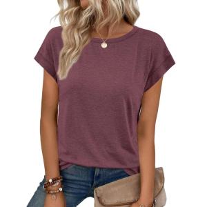imageATHMILE Womens Tops Basic T Shirts Summer Business Dressy Casual Cap Sleeve Tee Cute Clothes Trendy Fashion OutfitsWine Red