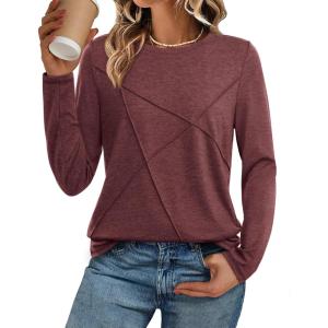 imageATHMILE Long Sleeve Shirts for Women Basic Business Casual Tops Work Clothes 2025 Fall Fashion OutfitsWine Red