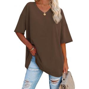 imageATHMILE Womens Summer Oversized Shirts V Neck Plus Size Spring Workout Tops Beach Vacation 2025 Gym ClothesBrown