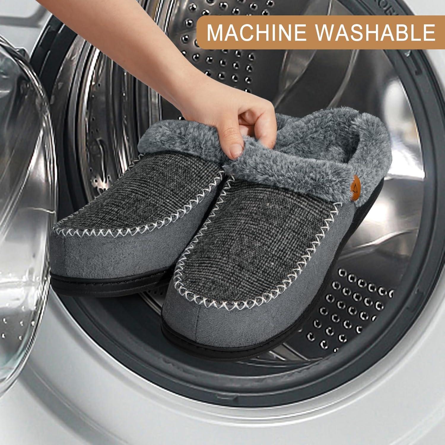 imageATHMILE Mens Slippers Slip On Moccasin Indoor Outdoor Warm Fuzzy Comfy House Shoes Fluffy Wide Loafer Home Bedroom SlippersGrey Black Wool