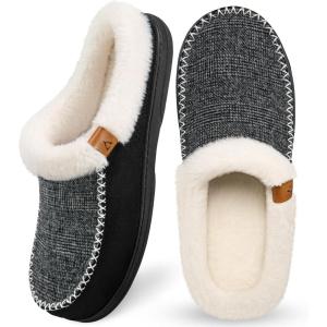 imageATHMILE Mens Slippers Slip On Moccasin Indoor Outdoor Warm Fuzzy Comfy House Shoes Fluffy Wide Loafer Home Bedroom SlippersBlack White Wool