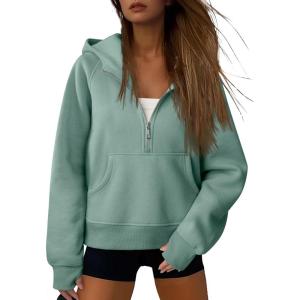 imageATHMILE Womens Hoodies Long Sleeve Fleece Quarter Zip Pullover Workout Oversized Sweatshirt Fall Winter Crop Jacket Tops 2025Green