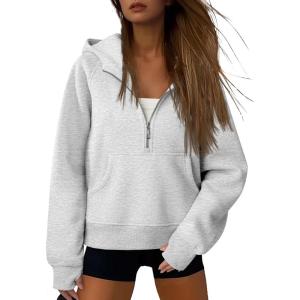 imageATHMILE Womens Hoodies Long Sleeve Fleece Quarter Zip Pullover Workout Oversized Sweatshirt Fall Winter Crop Jacket Tops 2025Grey
