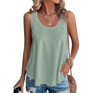 imageATHMILE Womens Tank Tops Sleeveless Eyelet Embroidery Scoop Neck Loose Fit Casual Summer Flowy BeachGreen
