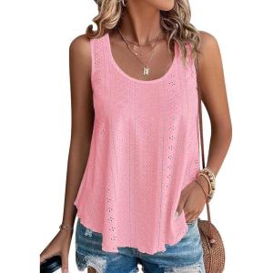 imageATHMILE Womens Tank Tops Sleeveless Eyelet Embroidery Scoop Neck Loose Fit Casual Summer Flowy BeachPink