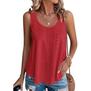 imageATHMILE Womens Tank Tops Sleeveless Eyelet Embroidery Scoop Neck Loose Fit Casual Summer Flowy BeachRed
