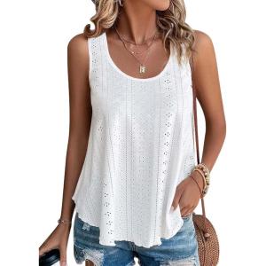 imageATHMILE Womens Tank Tops Sleeveless Eyelet Embroidery Scoop Neck Loose Fit Casual Summer Flowy BeachWhite