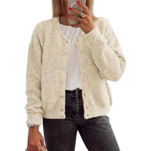 imageATHMILE Fall Long Sleeve Cardigans for Women Sweater Fashion Open Front Winter Button Down Crewneck Loose Knit Jacket 2025Apricot
