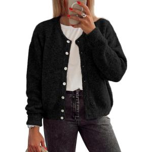 imageATHMILE Fall Long Sleeve Cardigans for Women Sweater Fashion Open Front Winter Button Down Crewneck Loose Knit Jacket 2025Black