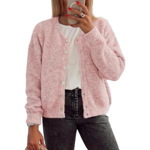 imageATHMILE Fall Long Sleeve Cardigans for Women Sweater Fashion Open Front Winter Button Down Crewneck Loose Knit Jacket 2025Pink
