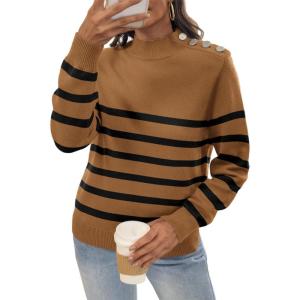 imageATHMILE Fall Turtleneck Striped Sweaters for Women 2025 Winter Long Sleeve Knit Sweater Pullover Tops Deco with Metal ButtonsKhaki