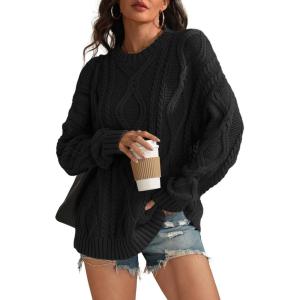 imageATHMILE Oversized Cable Knit Sweaters for Women Fall Fashion Outfits Long Sleeve Loose Crewneck Winter Clothes 2025Black