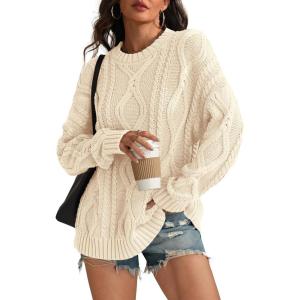 imageATHMILE Oversized Cable Knit Sweaters for Women Fall Fashion Outfits Long Sleeve Loose Crewneck Winter Clothes 2025Cream