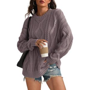imageATHMILE Oversized Cable Knit Sweaters for Women Fall Fashion Outfits Long Sleeve Loose Crewneck Winter Clothes 2025Grayish Purple