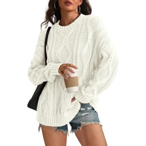 imageATHMILE Oversized Cable Knit Sweaters for Women Fall Fashion Outfits Long Sleeve Loose Crewneck Winter Clothes 2025White