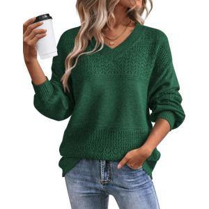 imageATHMILE Sweaters for Women Fall Outfits Oversized Long Sleeve V Neck Crochet Sweaters Lightweight Knit Pullover JumperBlackish Green