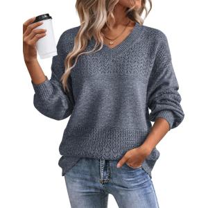 imageATHMILE Sweaters for Women Fall Outfits Oversized Long Sleeve V Neck Crochet Sweaters Lightweight Knit Pullover JumperBlue
