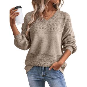 imageATHMILE Sweaters for Women Fall Outfits Oversized Long Sleeve V Neck Crochet Sweaters Lightweight Knit Pullover JumperBrown