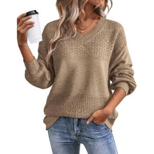 imageATHMILE Sweaters for Women Fall Outfits Oversized Long Sleeve V Neck Crochet Sweaters Lightweight Knit Pullover JumperCamel