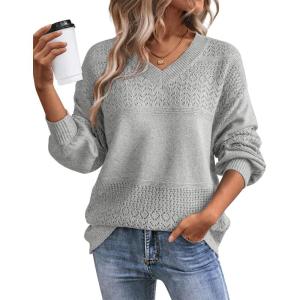 imageATHMILE Sweaters for Women Fall Outfits Oversized Long Sleeve V Neck Crochet Sweaters Lightweight Knit Pullover JumperGrey
