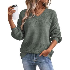 imageATHMILE Sweaters for Women Fall Outfits Oversized Long Sleeve V Neck Crochet Sweaters Lightweight Knit Pullover JumperMist Green
