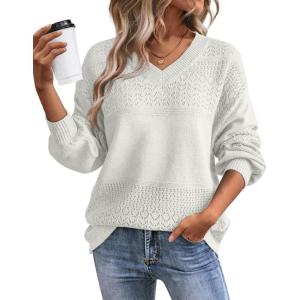 imageATHMILE Sweaters for Women Fall Outfits Oversized Long Sleeve V Neck Crochet Sweaters Lightweight Knit Pullover JumperWhite