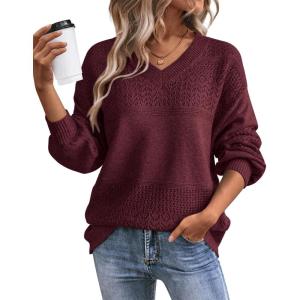 imageATHMILE Sweaters for Women Fall Outfits Oversized Long Sleeve V Neck Crochet Sweaters Lightweight Knit Pullover JumperWine Red