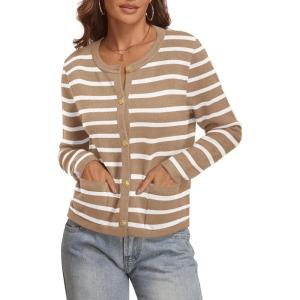 imageATHMILE Women Striped Cardigan Sweaters Button Down Cropped Fall Fashion Outfits Winter Clothes Knit Lady Jackets Coat 2025Apricot White Stripe
