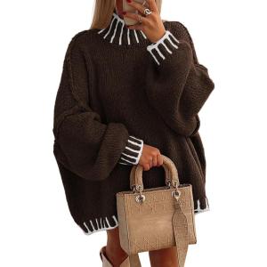 imageATHMILE Womens Sweaters Fall Oversized Pullover Long Sleeve Mock Neck Chunky Knit Jumper Tops Winter Fashion Clothing 2025Brown