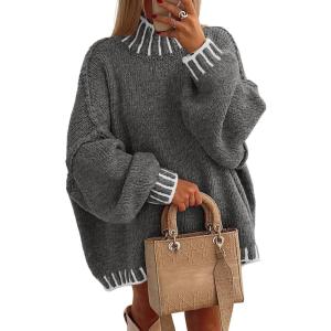 imageATHMILE Womens Sweaters Fall Oversized Pullover Long Sleeve Mock Neck Chunky Knit Jumper Tops Winter Fashion Clothing 2025Grey