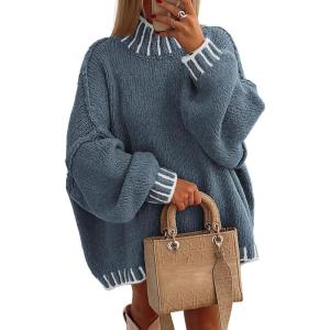 imageATHMILE Womens Sweaters Fall Oversized Pullover Long Sleeve Mock Neck Chunky Knit Jumper Tops Winter Fashion Clothing 2025Grey Blue