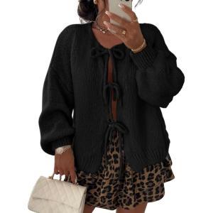 imageATHMILE Womens Tie Front Bow Cardigan Sweaters Chunky Knit Long Puff Sleeve Trendy Fall Winter Jacket Coats 2025Black