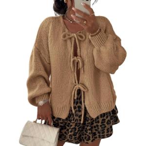 imageATHMILE Womens Tie Front Bow Cardigan Sweaters Chunky Knit Long Puff Sleeve Trendy Fall Winter Jacket Coats 2025Camel
