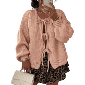 imageATHMILE Womens Tie Front Bow Cardigan Sweaters Chunky Knit Long Puff Sleeve Trendy Fall Winter Jacket Coats 2025Pink