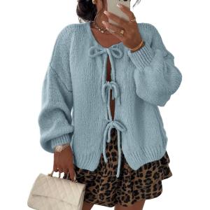 imageATHMILE Womens Tie Front Bow Cardigan Sweaters Chunky Knit Long Puff Sleeve Trendy Fall Winter Jacket Coats 2025Sky Blue