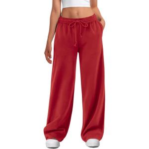 imageATHMILE Womens Wide Leg Sweatpants High Waisted Baggy Interior Drawstring Joggers Straight Leg Sweat Pants with PocketsRed